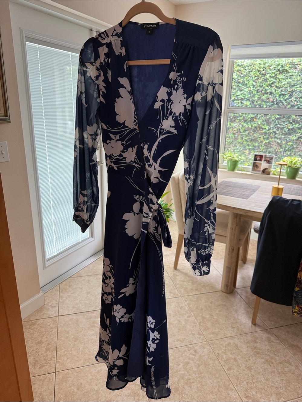 Yumi Kim Navy & White Floral Wrap Dress with Sheer Sleeves